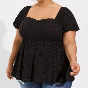 Torrid Babydoll Eyelet Challis Blouse in Deep Black Size 2